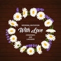 Colorful wedding wreath with lavender and chamomile. Vector floral collection.