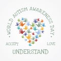 Colorful design word world autism awareness day with hand puzzle shaped love symbol