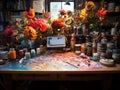 Colorful desk of creative entrepreneur prime lens