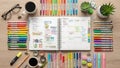 Colorful desk setup featuring an open planner with a weekly schedule and goals. Surrounding the Royalty Free Stock Photo