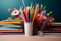 A colorful desk, symbolizing back to school, filled with art class essentials