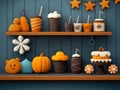 Colorful dessert display on wooden shelf Royalty Free Stock Photo