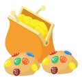 Colorful dessert icon isometric vector. Shortbread cookie and golden coin wallet