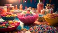 A colorful dessert table with candy, fruit, and decorations galore generated by AI Royalty Free Stock Photo