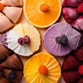 colorful desserts arranged in a circle on a beige background