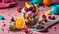 Colorful desserts with fruit and pink background.