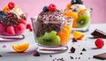 Colorful desserts with fruit and pink background.