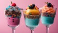 Colorful desserts with fruit and pink background.