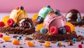 Colorful desserts with fruit and pink background.