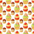 Colorful desserts and pastry seamless vector pattern on white background.