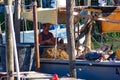 Colorful detail of a fishing boat just moored on the shores of Cortellazzo in the province of Venice.