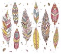 Colorful detailed bird feathers set, painted watercolor design. Hand drawn editable elements, realistic style, vector Royalty Free Stock Photo