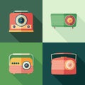 Set of vintage radios flat square icons with long shadows.