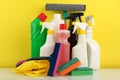 Colorful detergent bottles, sprays, sponges, cleaning tools etc Royalty Free Stock Photo