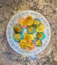 Colorful deviled eggs for Easter on a plate Royalty Free Stock Photo