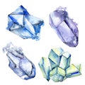 Colorful diamond rock jewelry minerals. Watercolor background set. Isolated crystals illustration element.
