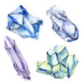 Colorful diamond rock jewelry minerals. Watercolor background set. Isolated crystals illustration element.