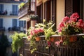 Colorful different flowers in pots on balcony or terrace, bright balcony with flowers Royalty Free Stock Photo
