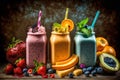 Colorful Different Smoothies And Juices Standing On Wooden Table - Generative AI