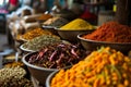 Colorful different spices and herbs in the spice market souk in old Dubai. Copy space Royalty Free Stock Photo