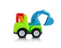 Colorful digging truck toy isolated on white background with shadow reflection, clipping, vector path. Plastic child plaything. Royalty Free Stock Photo