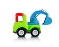 Colorful digging truck toy isolated on white background with shadow reflection, clipping, vector path. Plastic child plaything. Royalty Free Stock Photo