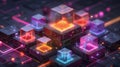 Brightly Colored Digital Blocks Arranged on a Grid Showcasing Intricate Designs With Glowing Elements in a Futuristic