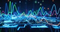 Colorful digital graph lines and financial data on a futuristic abstract background with glowing blue and multicolored Royalty Free Stock Photo
