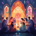 Colorful digital illustration of a diverse group in a place of worship