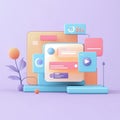 Colorful digital interface with screens and interactive elements on a pastel background. 3D Style Royalty Free Stock Photo