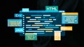Colorful digital interface showcasing coding languages like HTML, , , and C against a dark background for tech and Royalty Free Stock Photo