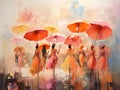 Colorful digital oil painting of a group of young girls with umbrellas in the rain. Printable artwork in red and orange tones, Royalty Free Stock Photo