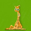 Colorful digital painting of mother and baby giraffes hugging on green background. Mothers day card. Royalty Free Stock Photo