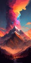 A colorful digital painting is superimposed over a mountain peak