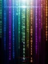 Colorful digital rain of binary code with glowing light streaks and lens flare data technology Royalty Free Stock Photo