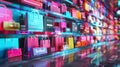 Colorful digital rendering of a modern shopping environment with rows of vibrant virtual shopping bags, indicating e-commerce Royalty Free Stock Photo