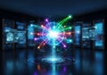 A colorful, digital visualization with a glowing central sphere from which numerous neon-colored Royalty Free Stock Photo