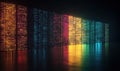 Colorful digital wall display with binary code, vibrant lights reflecting on floor, modern technology aesthetic Royalty Free Stock Photo