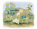 Colorful digital watercolor illustration of flower fairies