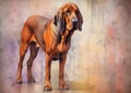 A colorful, digital watercolour painting, showing the a Bloodhound dog.