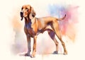 A colorful, digital watercolour painting, showing the a Bloodhound dog.