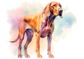 A colorful, digital watercolour painting, showing the a Bloodhound dog.