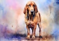 A colorful, digital watercolour painting, showing the a Bloodhound dog.