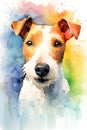 A colorful, digital watercolour painting, showing the a Fox Terrier dog.