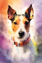 A colorful, digital watercolour painting, showing the a Fox Terrier dog.