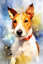 A colorful, digital watercolour painting, showing the a Fox Terrier dog.