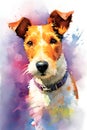 A colorful, digital watercolour painting, showing the a Fox Terrier dog.