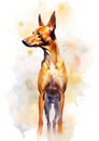 A colorful, digital watercolour painting, showing the portrait of a Cirneco dell Etna dog.