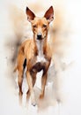 A colorful, digital watercolour painting, showing the portrait of a Cirneco dell Etna dog.