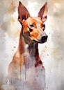 A colorful, digital watercolour painting, showing the portrait of a Cirneco dell Etna dog.